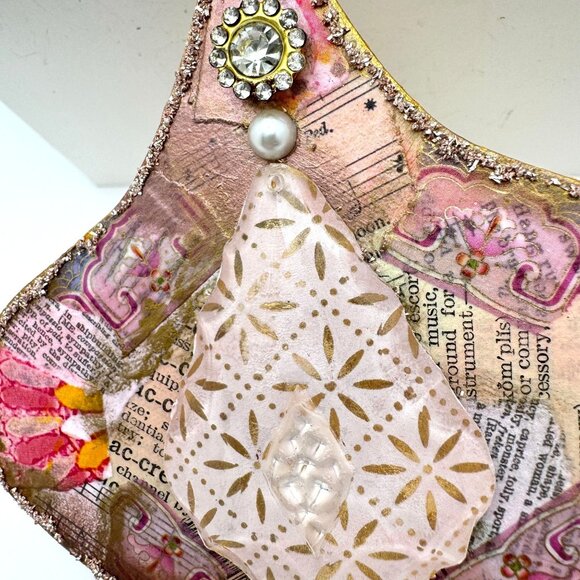 Handcrafted OOAK Collage Ornament Gold Pink Accents Pearl Rhinestone - Picture 6 of 8
